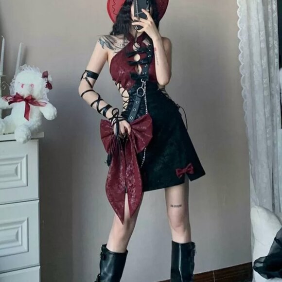Devil Inspired Halter Neck  Backless Self-tie Straps Hollow Waist Qipao Dress SM - Picture 1 of 8
